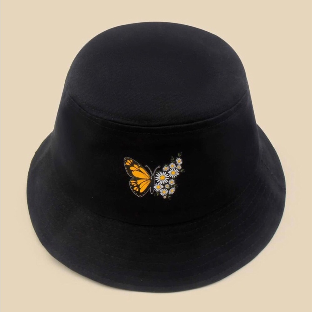 Butterfly and flower print bucket hat black new without tag